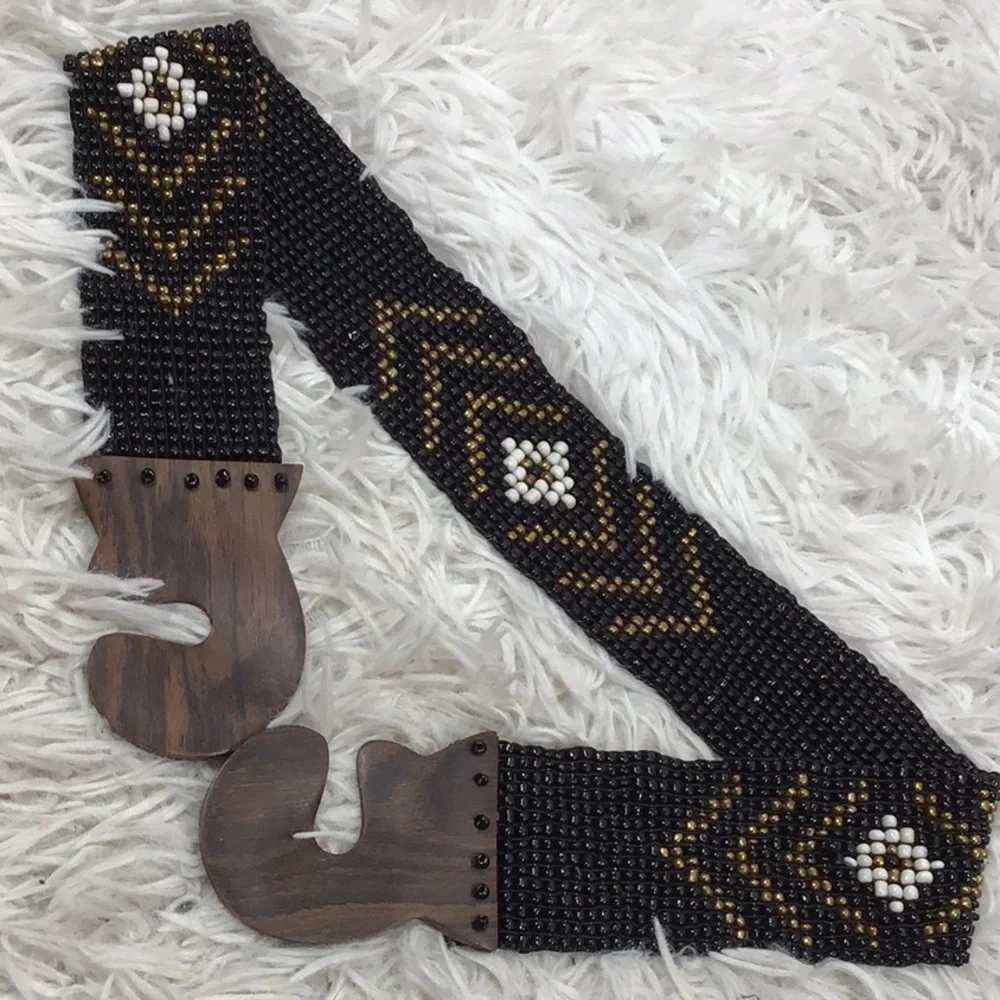 Vintage Elegant Black and Gold Beaded stretch Belt S